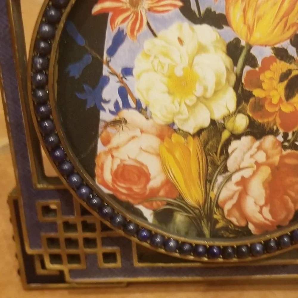 RARE JAY STRONGWATER CHINOISERIE DECO TAO FRETWORK CABOCHON STONE ENAMEL FRAME